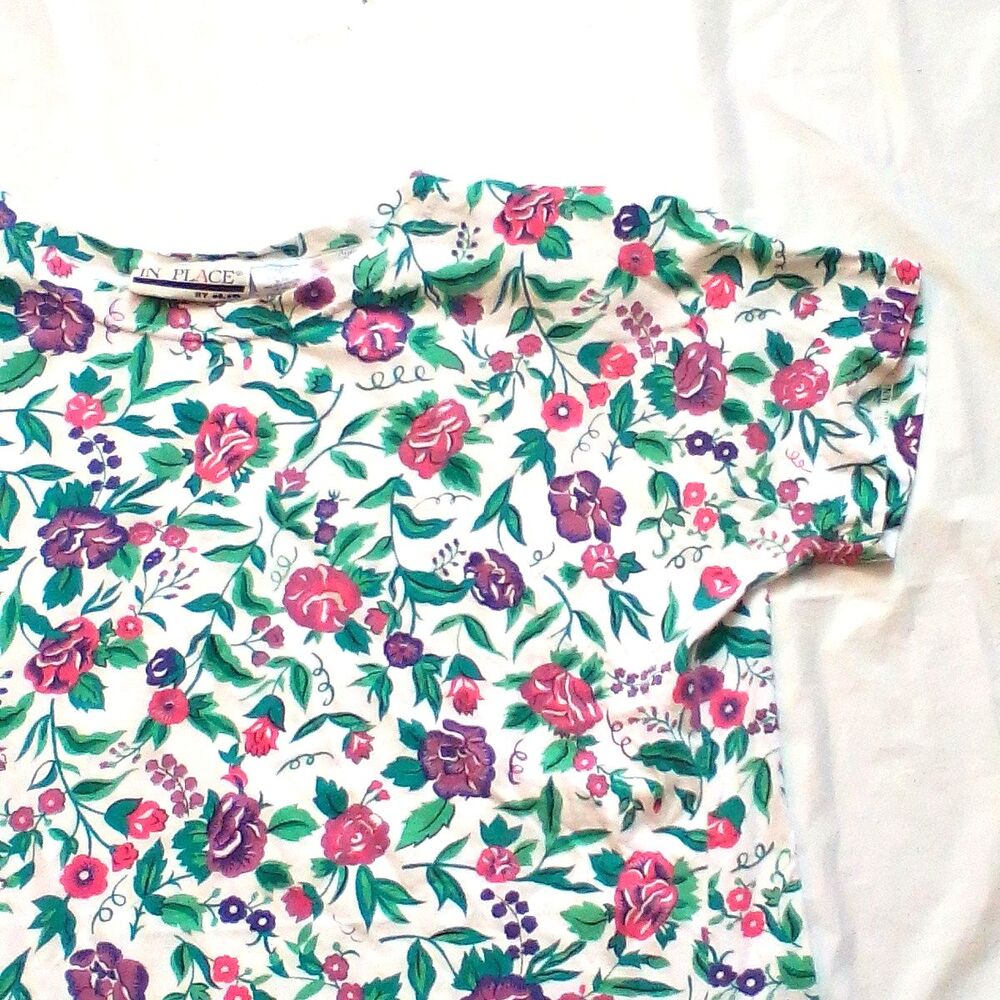 iLIO Women’s Large In Place Floral Print T-Shirt Short Sleeve Shoulder Pads - Picture 3 of 14